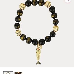Budhagirl Hanna Noir . Black and Gold Beaded Bracelet with Fish Charm. 1 piece .
